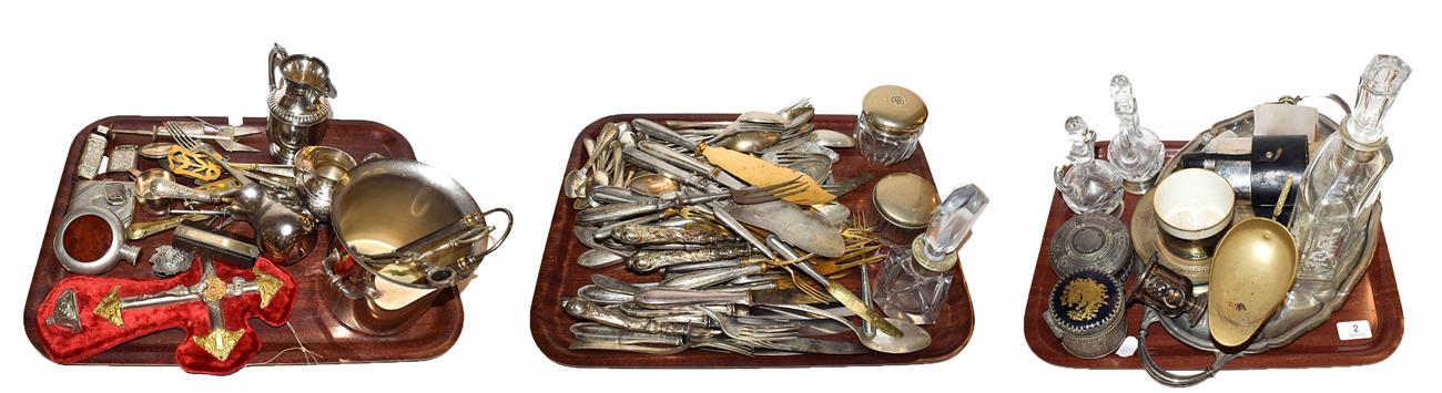 Lot 2 - ~ Three trays of assorted Continental silver and silver plate, including gilt utensils, cream jugs