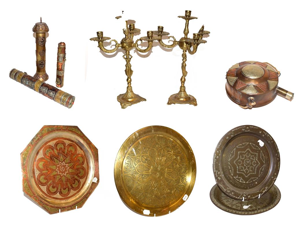 Lot 5 - ~ A quantity of mainly Eastern brass and copper items, including three cylindrical scroll...