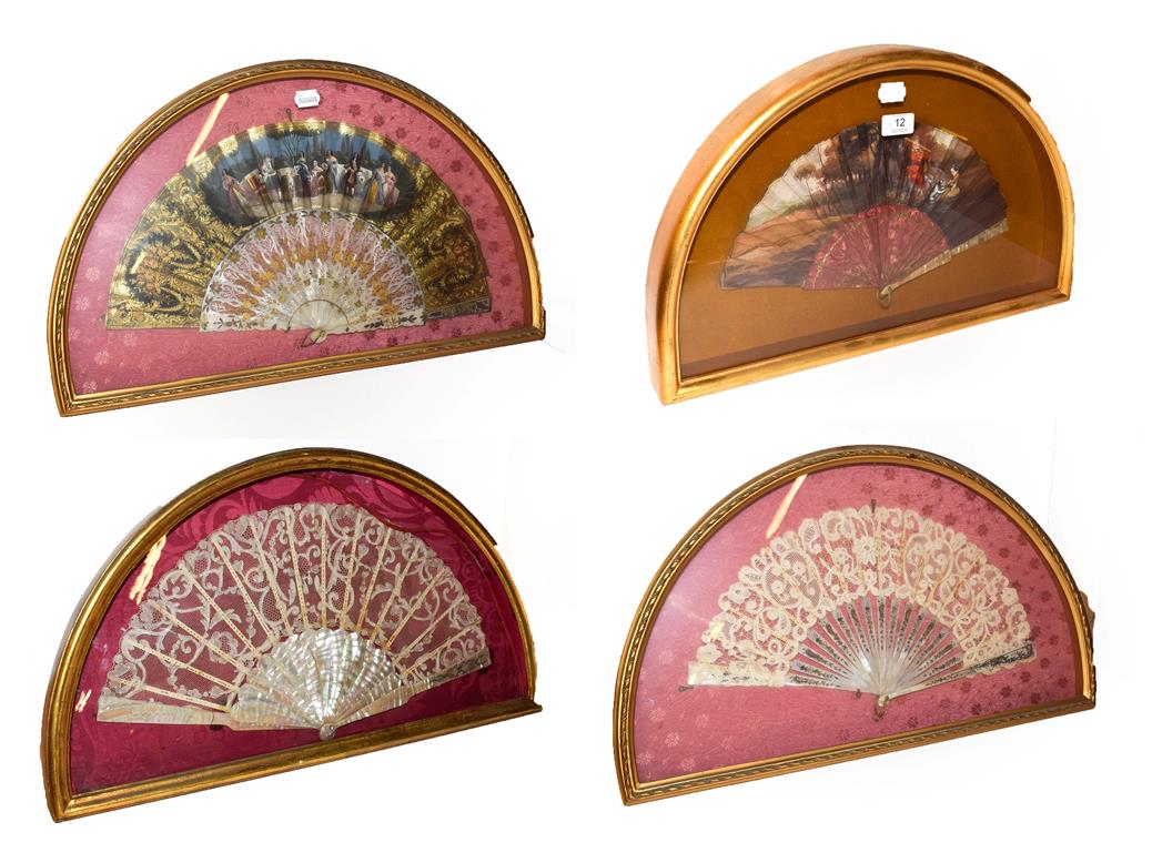 Lot 12 - ~ Four fans with mother-of-pearl sticks, each in a gilt framed wall hanging display case, two...