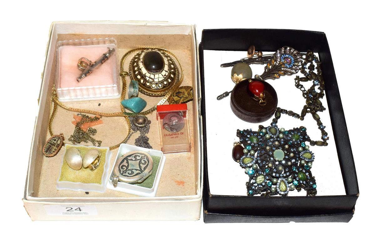 Lot 24 - ~ Two small boxes of costume jewellery and collectables, including a coloured paste set...
