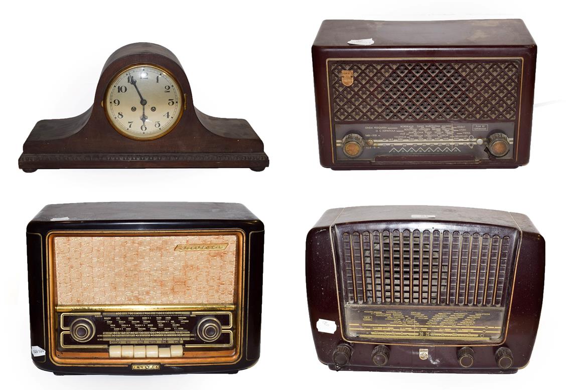 Lot 51 - ~ An Invicta Bakelite valve radio, two Philips examples and an oak cased 8 day mantel clock...