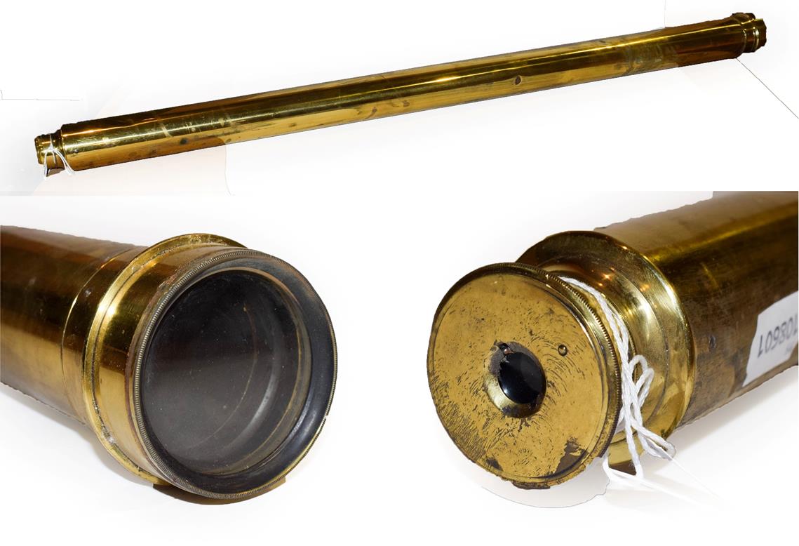 Lot 52 - ~ A 19th century lacquered brass two drawer telescope, 105cm closed, object lens 6cm diameter