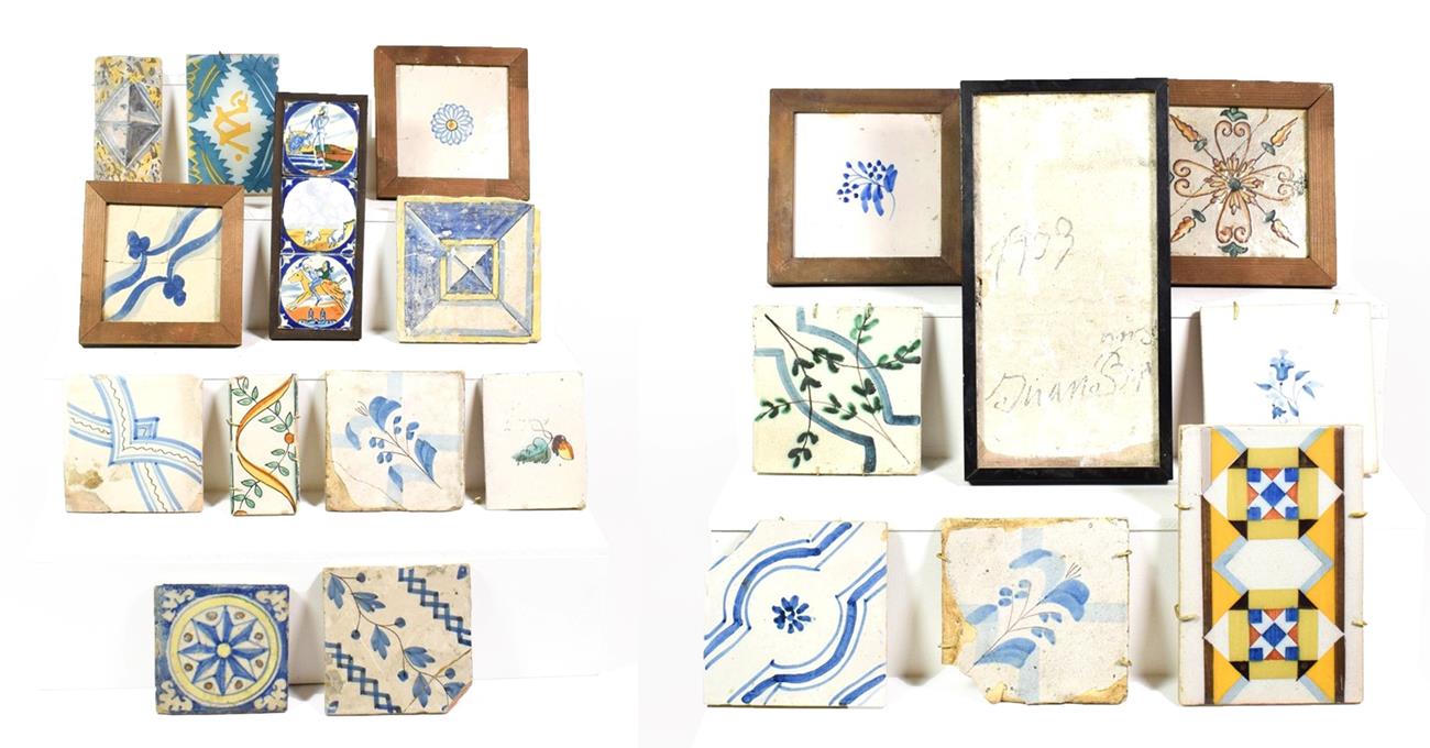 Lot 69 - ~ A quantity of Continental maiolica polychrome tiles, some mounted (2 trays)