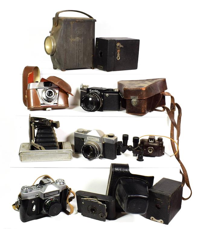 Lot 71 - ~ Vintage cameras including bellows cameras and a Bakelite model 35 spy camera, makers include...