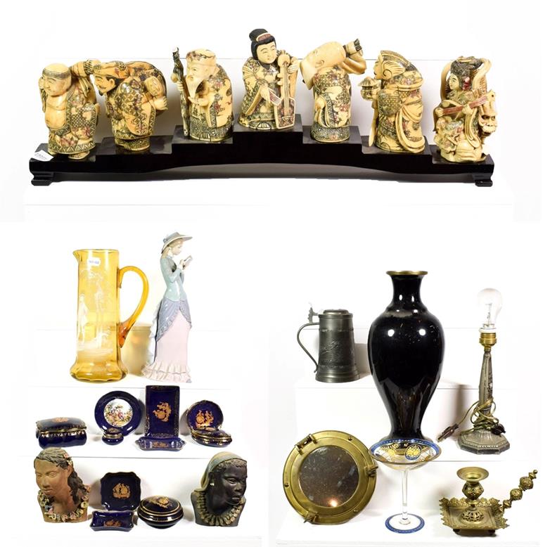 Lot 78 - ~ Oriental collectables including a set of composite okimono on stand, modern Chinese enamelled...