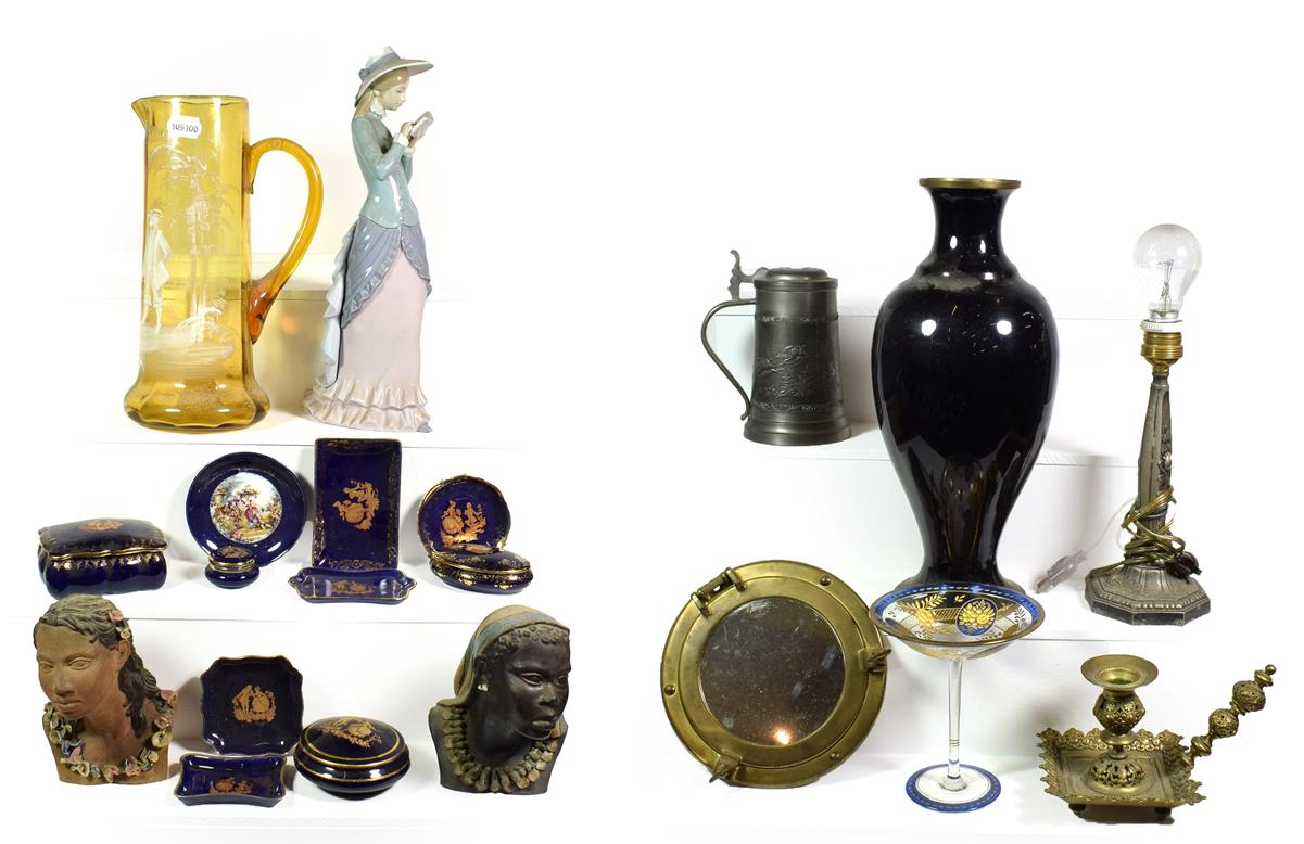 Lot 80 - ~ Assorted ceramics and metalwares including a large Lladro figure, Mary Gregory amber glass...
