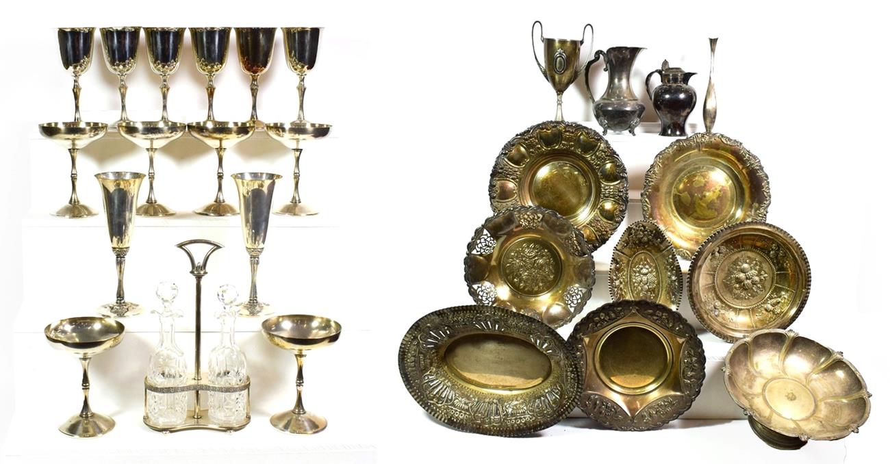 Lot 81 - ~ Two trays of Spanish silver and silver plated wares, including two repousse silver lozenge shaped
