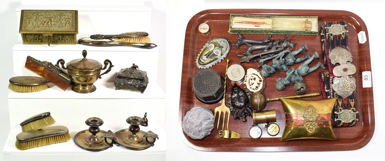 Lot 83 - ~ Assorted metalwares and collectables including relief brass jewellery casket decorated with...