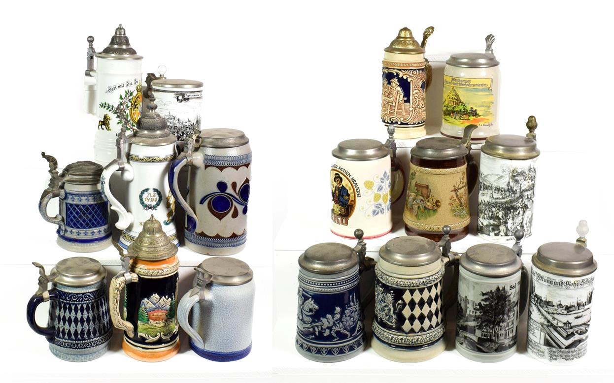 Lot 85 - ~ A collection of mainly German pottery steins with pewter mounts, including Westerwald salt glazed