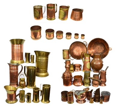 Lot 86 - ~ Assorted metalwares, mainly copper including graduated measures and other vessels (two boxes)