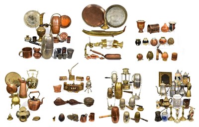 Lot 89 - ~ A large collection of assorted metalwares including copper kettles, candlesticks, steins and...