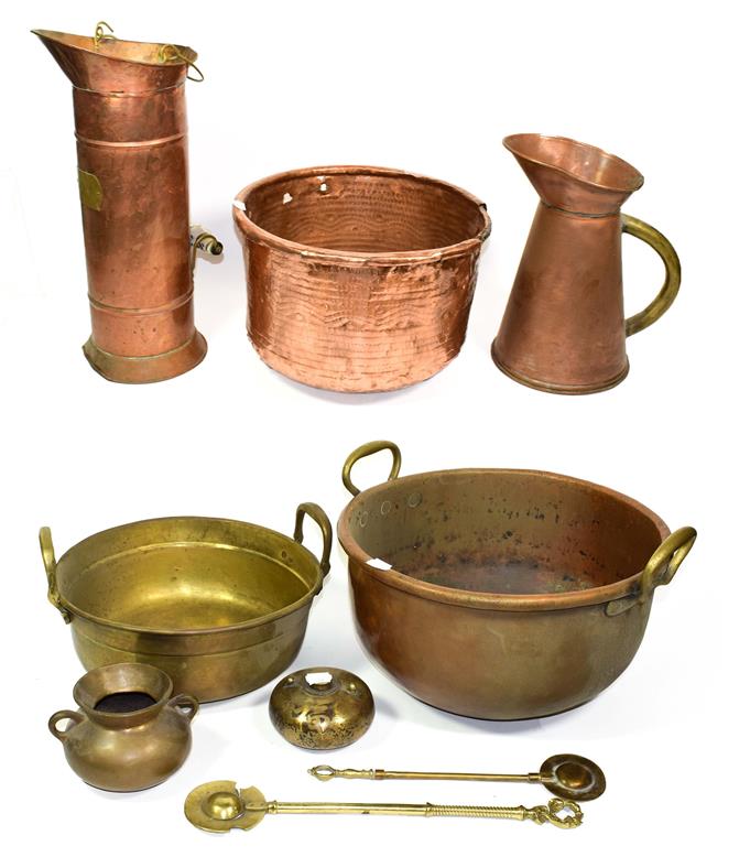 Lot 90 - ~ A quantity of metalwares including cooking pots and a coal skuttle with delft handles, (9).