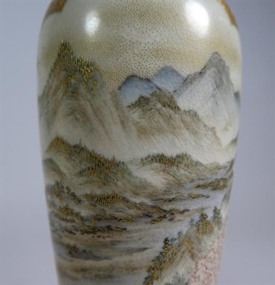 Lot 92 - ~ A pair of Japanese Meiji period slender Satsuma vases decorated with figure and landscape...
