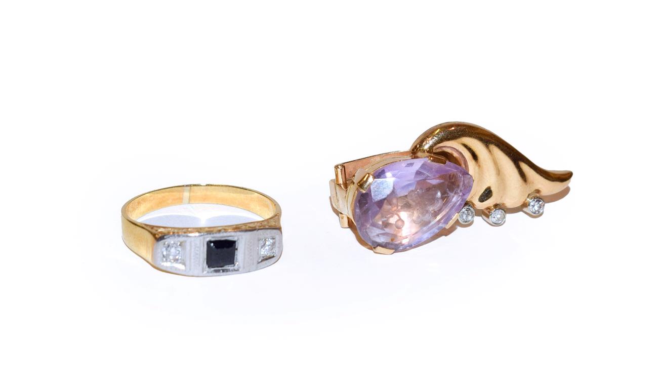 Lot 110 - ~ A synthetic sapphire and diamond three stone ring, unmarked, finger size P1/2; and an...