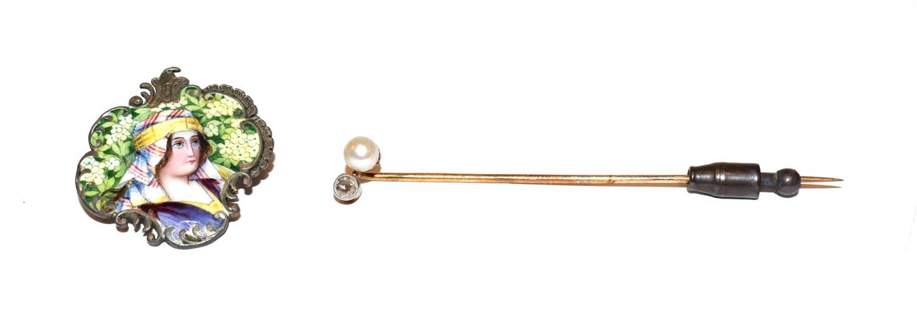 Lot 113 - ~ A rose cut diamond and simulated pearl stickpin; together with an enamel brooch depicting a young