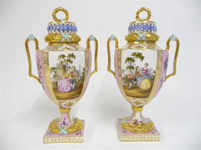 Lot 120 - A Pair of Dresden Porcelain Urn Shaped Vases and Pierced Covers, 20th century, with wreath...