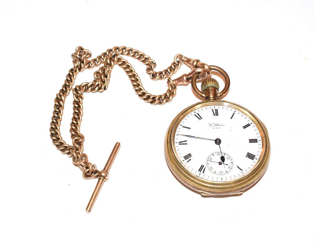 Lot 140 - A 9ct gold double Albert watch chain and T bar 47 grams together with a gold plated Waltham...