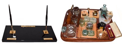 Lot 187 - A group of pen craft items, including wooden bake-o-lite glass, glass and alabaster inkwell and...