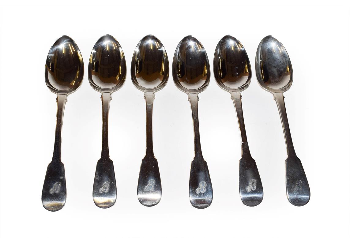 Lot 192 - A set of six William IV Scottish silver table-spoons, by William Constable, Edinburgh, 1833, Fiddle