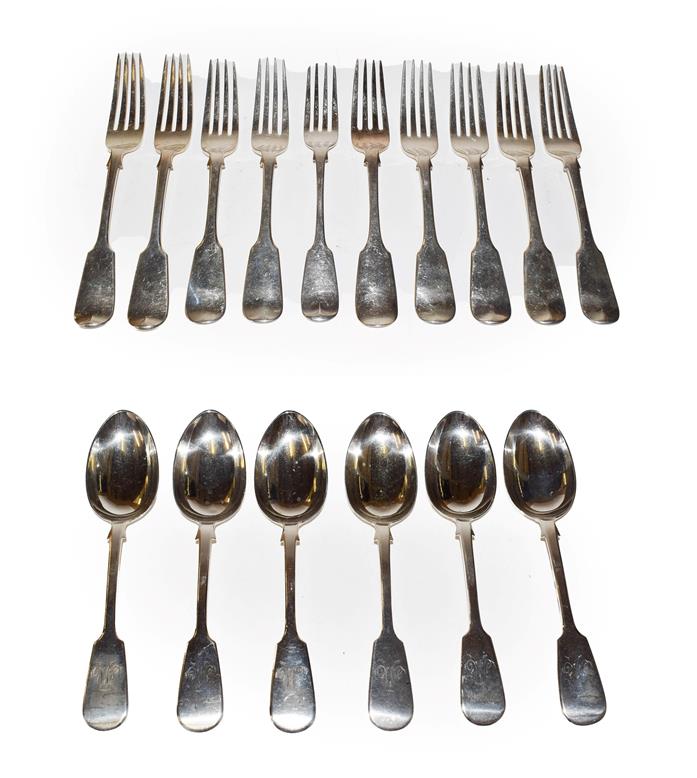 Lot 193 - Ten Victorian table-forks, Various Maker's and Dates, Fiddle pattern, one engraved with an...