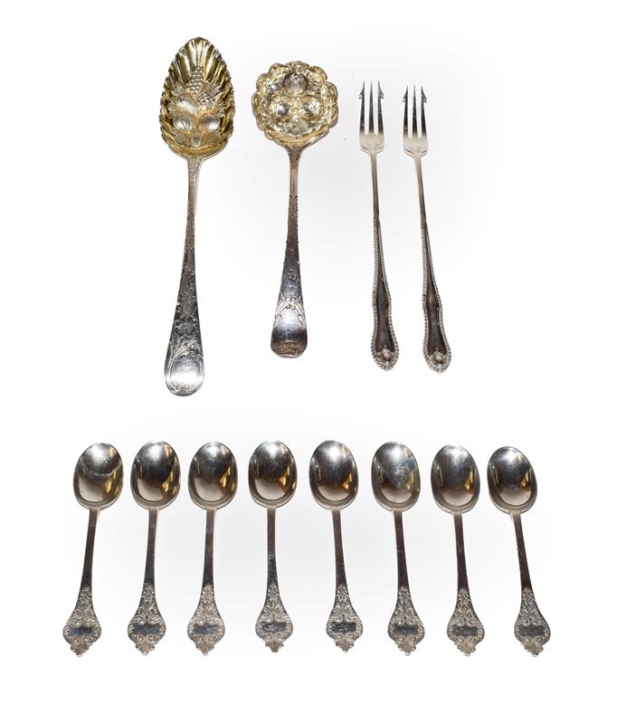 Lot 197 - A collection of assorted flatware, comprising: a George III silver table-spoon and sauce-ladle,...