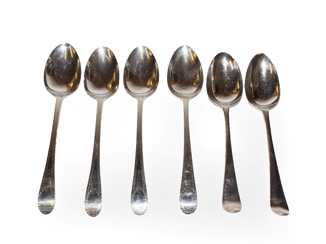 Lot 199 - A set of four George III silver table-spoons and a pair of George III silver table-spoons, by...
