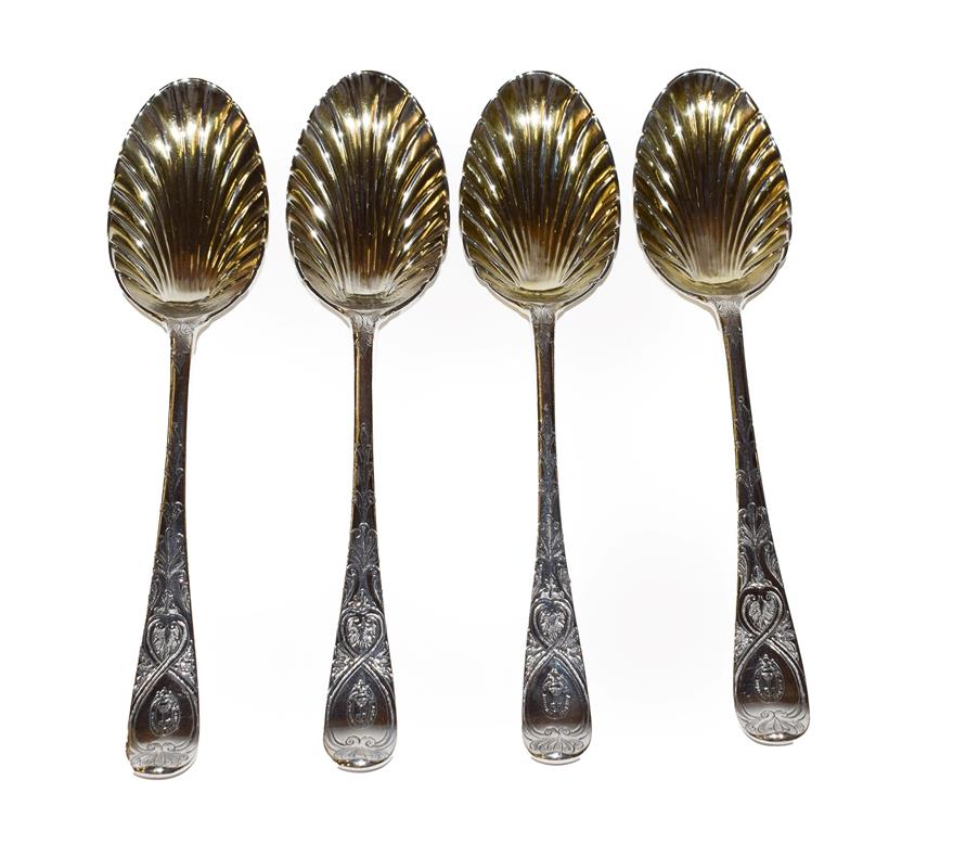 Lot 207 - A set of four George III Scottish silver table-spoons, by James Hewitt, Edinburgh, 1775, Hanoverian