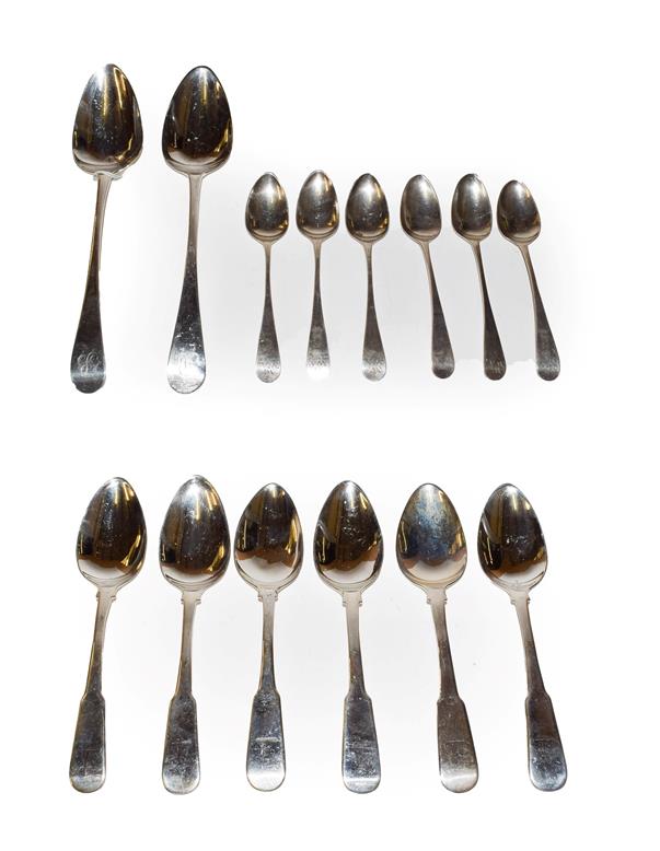 Lot 208 - A collection of George III silver flatware, comprising: a pair of Old English pattern table-spoons