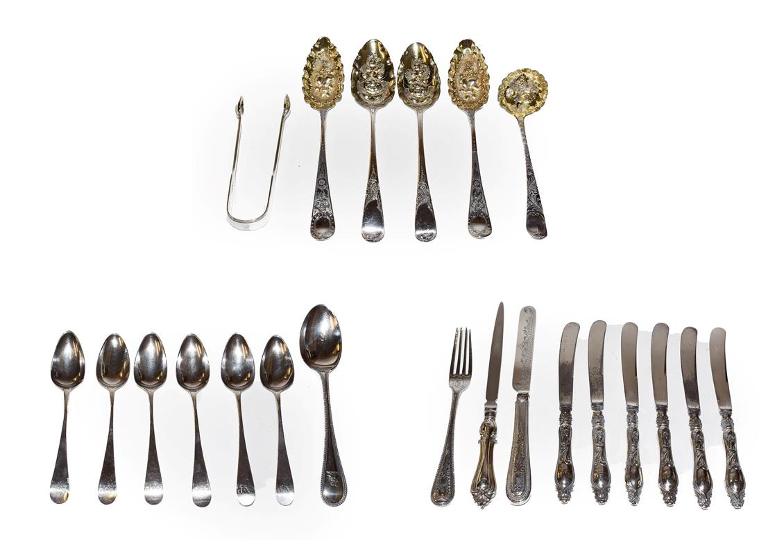 Lot 209 - A collection of assorted George III and later silver flatware, including: two pairs of George...