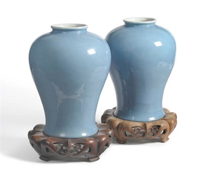 Lot 128 - A Pair of Chinese Clair de Lune Glazed Squat Baluster Vases, Qing Dynasty, otherwise...