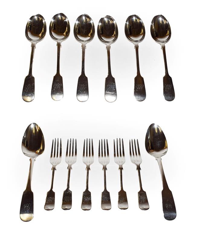 Lot 212 - A group of George III and George V silver flatware, Fiddle pattern, variously engraved with...