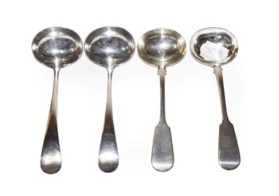 Lot 213 - Two pairs of Victorian silver sauce-Ladles, one pair Fiddle pattern, by Josiah Williams and...