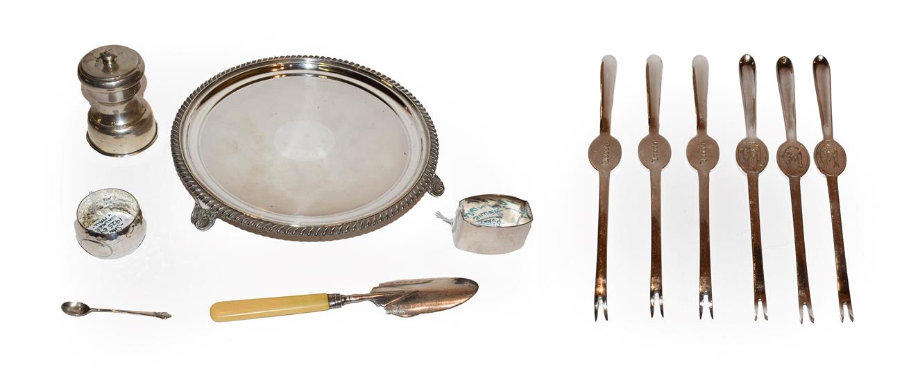 Lot 223 - A collection of silver and silver plate, including: an Old Sheffield plate waiter, circular and...