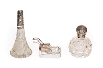 Lot 229 - Three silver-mounted glass items, comprising: a globular scent bottle, the silver cover by John...