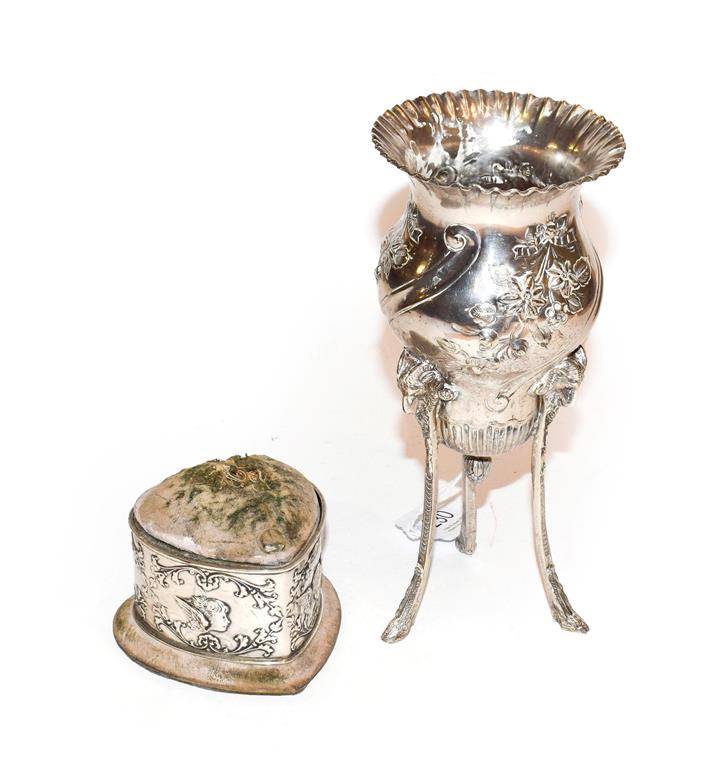 Lot 230 - A Victorian silver vase and an Edward VII silver-mounted pin-cushion, Both by William Comyns,...