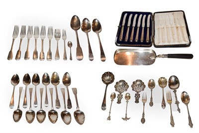 Lot 240 - A collection of assorted George III and later silver flatware, including: a pair of Old English...