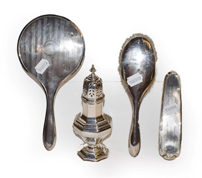 Lot 295 - A silver baluster form caster together with three silver backed dressing table items