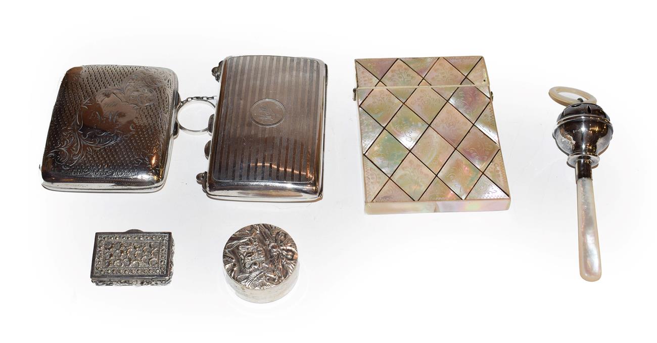 Lot 297 - A collection of silver boxes, comprising: a cigarette-case; a purse with suspension chain; an...