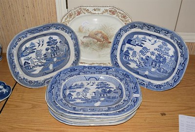 Lot 304 - Ten various 19th century Old Willow pattern and other blue and white and sepia meat plates