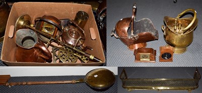 Lot 305 - A group of 19th century and later copper and brass including a fire curb on paw feet, two coal...