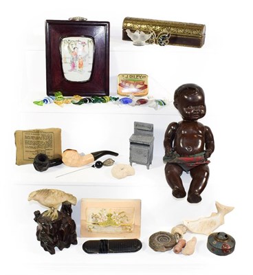 Lot 307 - A tray of collectables including a Chinese porcelain plaque, composition doll, fossils, advertising