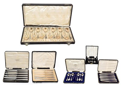 Lot 314 - A group of cased sets of flatware, including: three differing cased sets of tea-knives; a cased set
