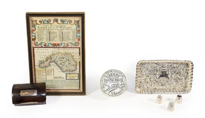 Lot 320 - An 18th century snuff box, silver tray, thimbles, reproduction Pratt ware toothpaste jar and...