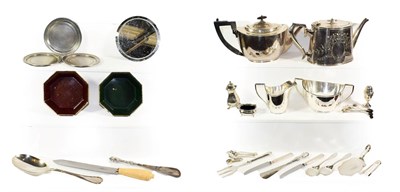 Lot 322 - A collection of assorted silver and silver plate, the silver including: a salt-cellar; two...
