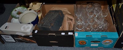 Lot 324 - Five boxes including crystal drinking glasses, furs, ornamental items etc (qty)