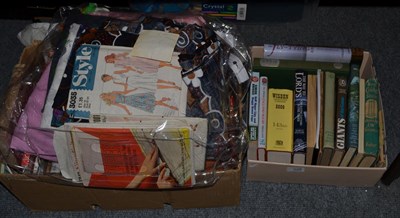 Lot 328 - Two boxes of various books including sport, together with a group of mid 20th century fabrics