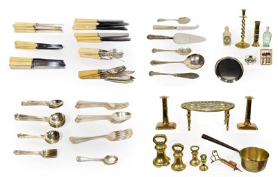 Lot 343 - 19th century and later metalware's including a trivet, candlesticks, etc (two trays)