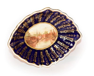 Lot 346 - A Royal Crown Derby painted porcelain dish titled 'Old Silk Mill Derby' signed H S Harcock