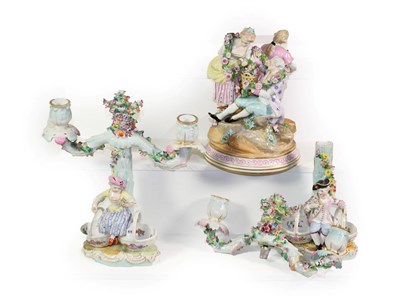 Lot 351 - A 19th century Continental porcelain figure group 22cm together with a pair of similar twin...