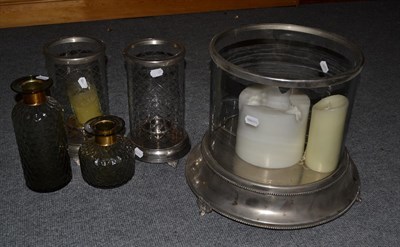 Lot 354 - A box containing three storm candles and two modern decorative glass vases